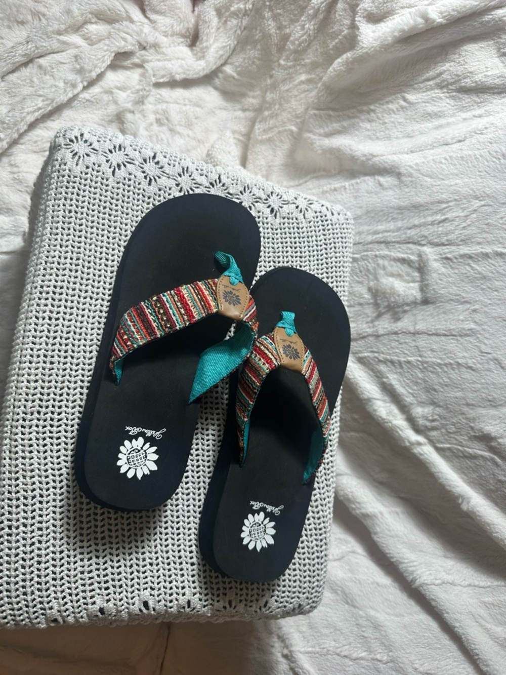 Yellow‎ Box Fedonia flip-flops featuring colorful woven threading size 9